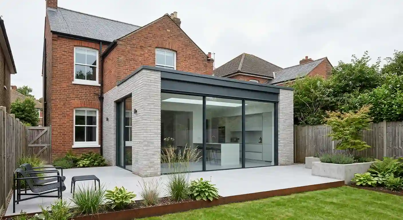 Contemporary single-storey rear extension in light grey brick with frameless sliding glass doors and a long rooflight