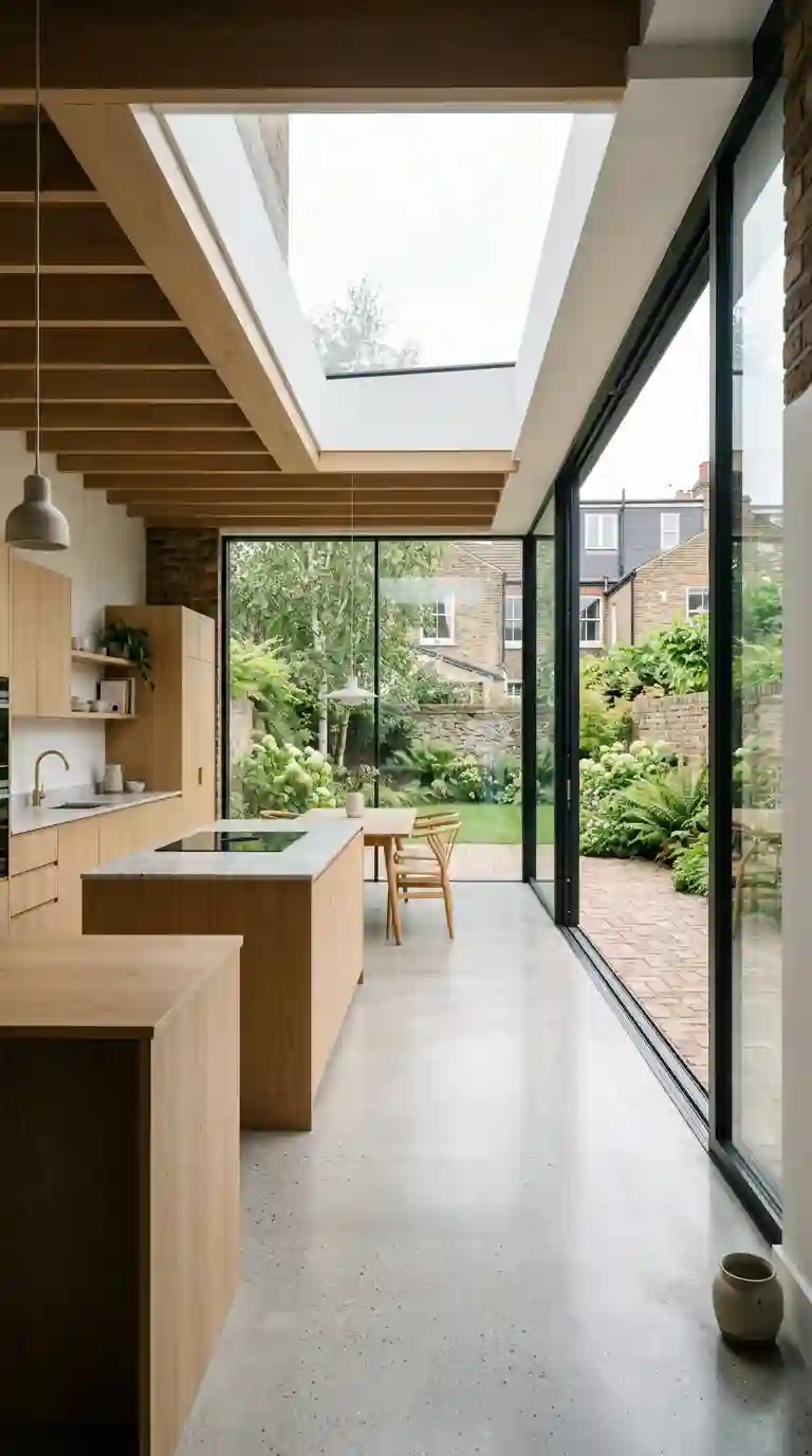Interior of a rear extension with exposed timber joists, a large rooflight and full-height glazing to the garden