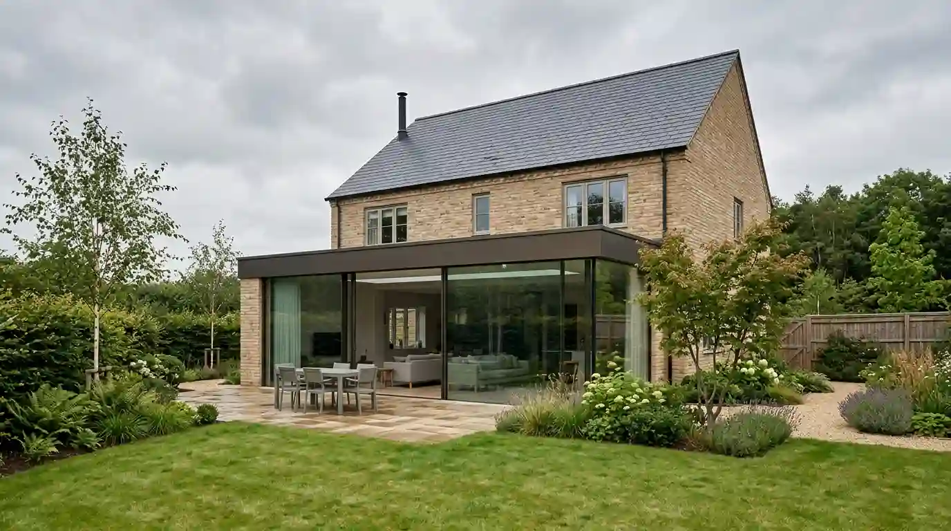 A two-storey brick house with a flat-roofed, fully glazed rear extension opening onto a garden terrace