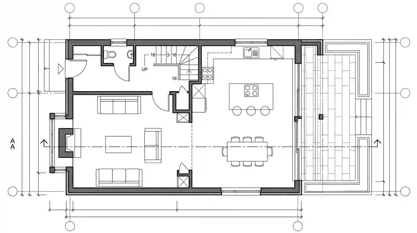 Ground floor plan of a house with a rear extension, showing walls, furniture layout and structural grid lines