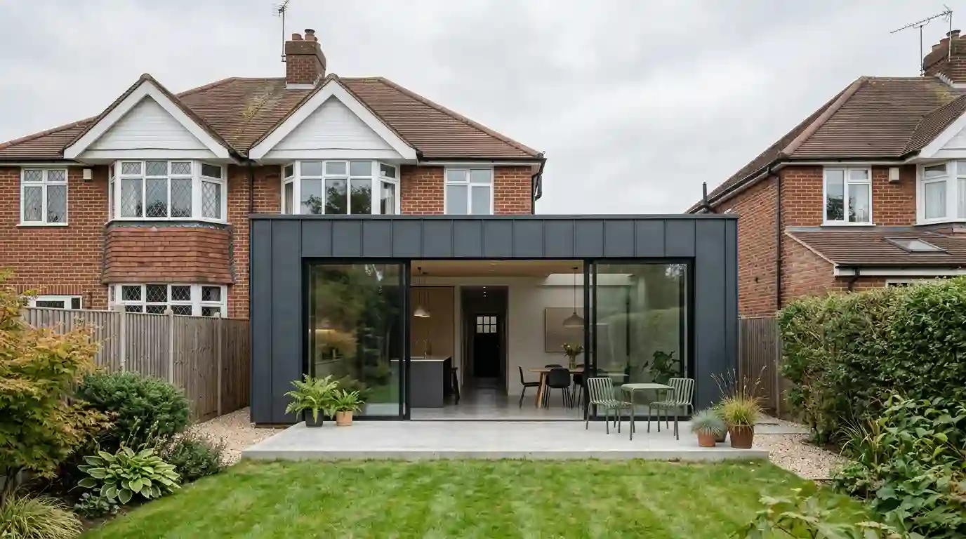Single-storey rear extension clad in dark zinc with large sliding glass doors opening to a patio